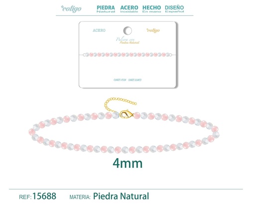 [15688] Pulsera de cuarzo rosa y cuarzo blanco de 4 mm - Joyería de moda y pulseras