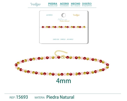 [15693] Pulsera de carneola, jade amarillo y cuarzo rosa de 4 mm - Joyería de moda y pulseras