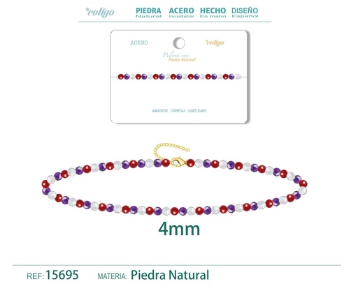 [15695] Pulsera de carneola, amatista y cuarzo blanco de 4 mm - Joyería de moda y pulseras