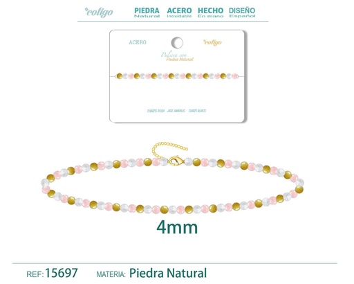 [15697] Pulsera de jade amarillo, cuarzo rosa y cuarzo blanco de 4 mm - Joyería de moda y pulseras