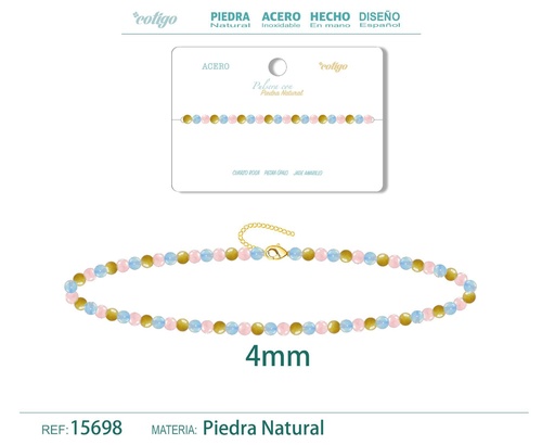 [15698] Pulsera de jade amarillo, cuarzo rosa y opalina de 4 mm - Joyería de moda y pulseras