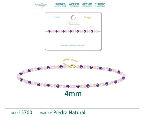[15700] Pulsera de cuarzo rosa, amatista y cuarzo blanco de 4 mm - Joyería de moda y pulseras