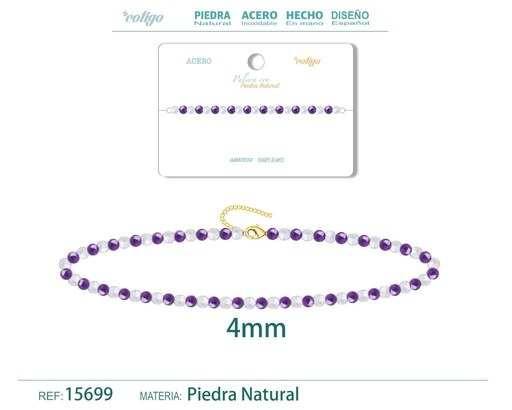 [15699] Pulsera de amatista y cuarzo blanco de 4 mm - Joyería de moda y pulseras