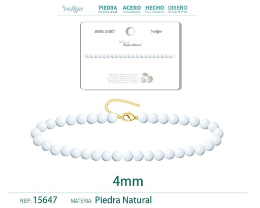 [15647] Pulsera de mármol blanco 4 mm - Joyería de piedra natural y acero