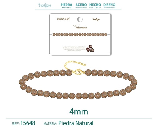 [15648] Pulsera de alabastro de café 4 mm - Joyería de piedra natural y acero