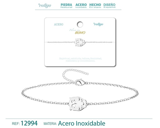 [12994] Pulsera Búho de Acero Plateado - Accesorios de joyería y pulseras