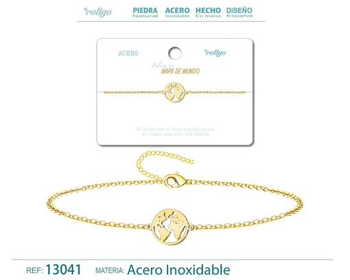 [13041] Pulsera Mapa del Mundo de Acero Dorado - Accesorios de joyería y pulseras