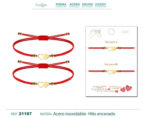 [21187] Pulsera 2 Corazones Dorados con Hilo Rojo - Pulsera de Amistad