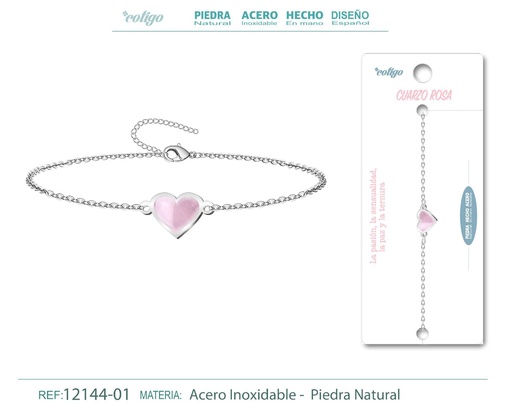 [12144-01] Pulsera corazón con Cuarzo rosa - Plateada - Joyería de minerales y accesorios