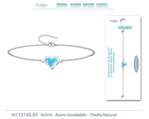 [12145-01] Pulsera corazón con Turquesa - Plateada - Joyería de minerales y accesorios
