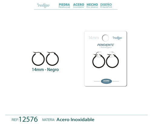 [12576] Pendiente aro de acero - 14mm color negro - Joyería de acero inoxidable