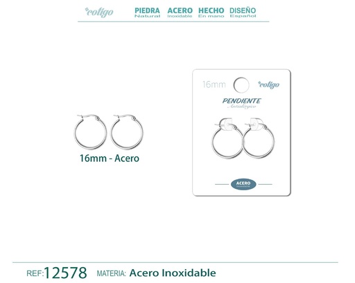 [12578] Pendiente aro de acero - 16mm color acero - Joyería de acero inoxidable