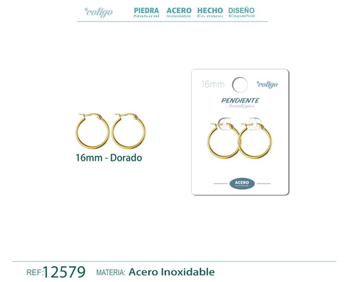 [12579] Pendiente aro de acero - 16mm color dorado - Joyería de acero inoxidable