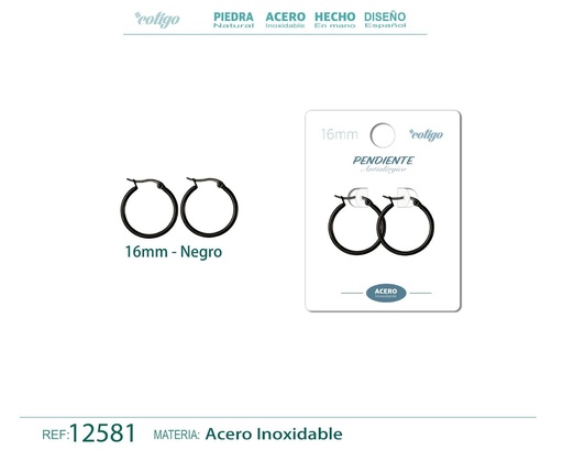 [12581] Pendiente aro de acero - 16mm color negro - Joyería de acero inoxidable