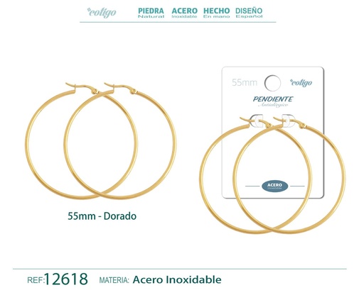 [12618] Pendiente aro de acero - 55mm color dorado - Joyería de acero inoxidable