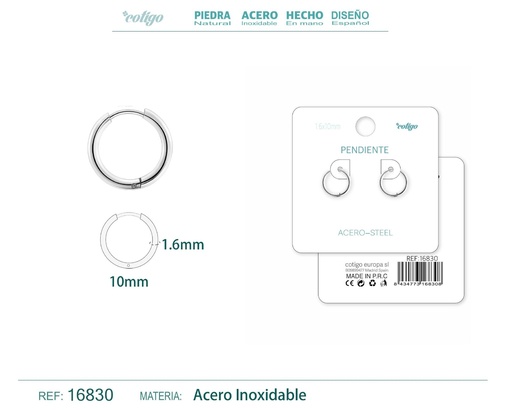 [16830] Pendiente aro de acero 1.6x10 mm plateado - Joyería de acero