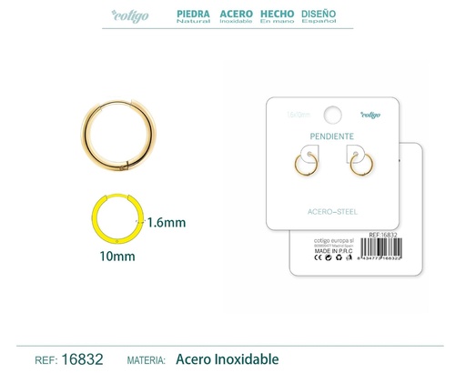 [16832] Pendiente aro de acero 1.6x10 mm dorado - Joyería de acero