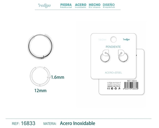 [16833] Pendiente aro de acero 1.6x12 mm plateado - Joyería de acero