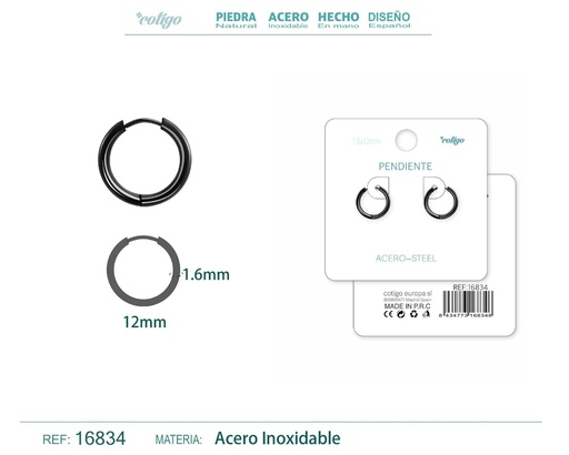 [16834] Pendiente aro de acero 1.6x12 mm negro - Joyería de acero