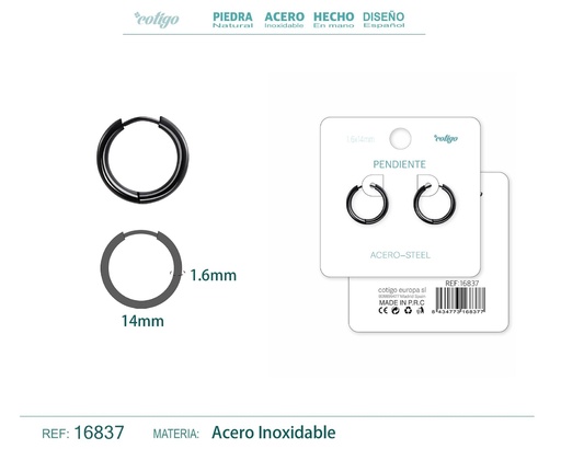 [16837] Pendiente aro de acero 1.6x14 mm negro - Joyería de acero