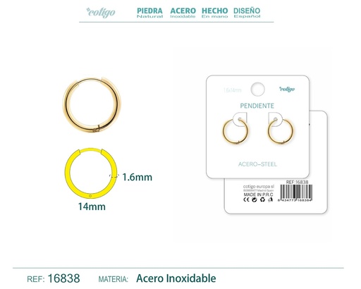 [16838] Pendiente aro de acero 1.6x14 mm dorado - Joyería de acero