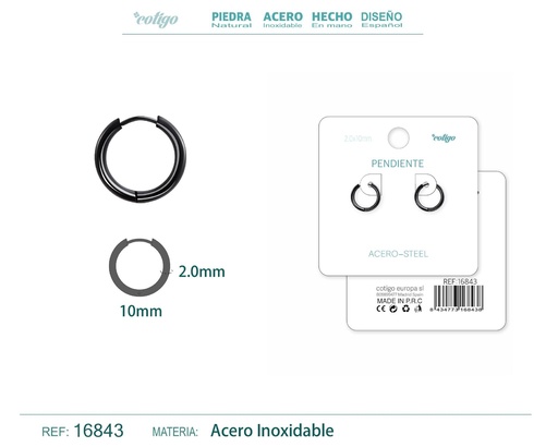 [16843] Pendiente aro de acero 2.0x10 mm negro - Joyería de acero