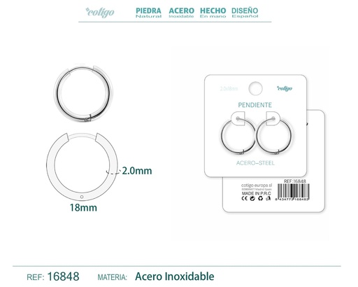 [16848] Pendiente aro de acero 2.0x18 mm plateado - Joyería de acero