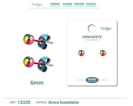 [13330] Pendiente bola 6mm acero color multicolor - Joyería de acero inoxidable
