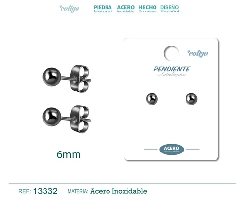 [13332] Pendiente bola 6mm acero color negro - Joyería de acero inoxidable