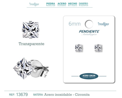 [13679] Pendiente cuadrado de circonita transparente 6mm con base de acero plateado - Joyería de circonita