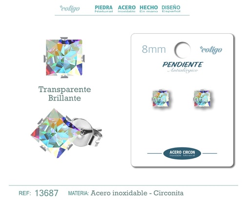 [13687] Pendiente cuadrado de circonita multicolor 8mm con base de acero plateado - Joyería de circonita