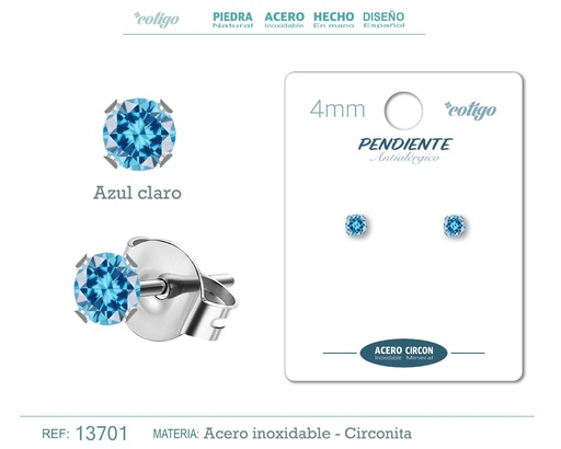 [13701] Pendiente redondo de circonita azul claro 4mm con base de acero plateado - Joyería de circonita