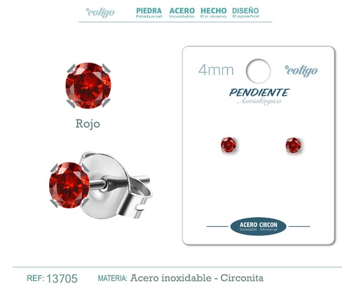 [13705] Pendiente redondo de circonita rojo 4mm con base de acero plateado - Joyería de circonita