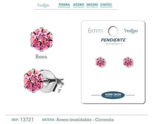 [13721] Pendiente redondo de circonita rosa 6mm con base de acero plateado - Joyería de circonita