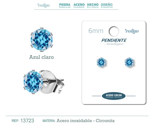 [13723] Pendiente redondo de circonita azul claro 6mm con base de acero plateado - Joyería de circonita