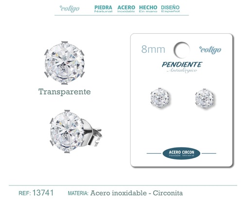 [13741] Pendiente redondo de circonita transparente 8mm con base de acero plateado - Joyería de circonita