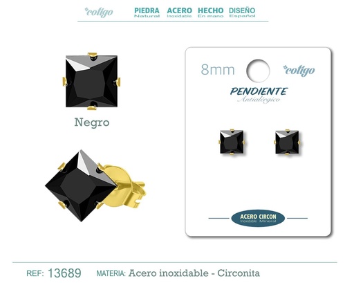 [13689] Pendiente cuadrado de circonita negra 8mm con base de acero dorado - Joyería y accesorios elegantes