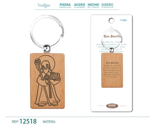 [12518] Llavero de madera con San Benito - Accesorio religioso y de protección