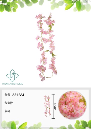 [631264ROSA] Rama de flores artificiales tipo enredadera 175 cm - Decoración de paredes