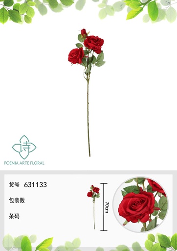 [631133ROJO] Ramo de flores artificiales - Rosa en 3 cabezas 70 cm en rojo