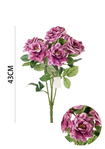[630885-紫芋] Ramo de flores artificiales - Rosa pequeña con hojas en 43 cm