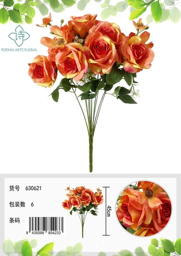 [630721橙色] Ramo de flores artificiales - Manojo de 11 cabezas de rosas