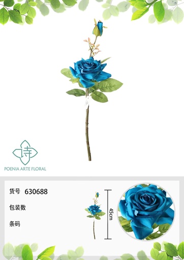 [630888蓝色] Ramo de rosa china de 43 cm en azul - Decoración floral