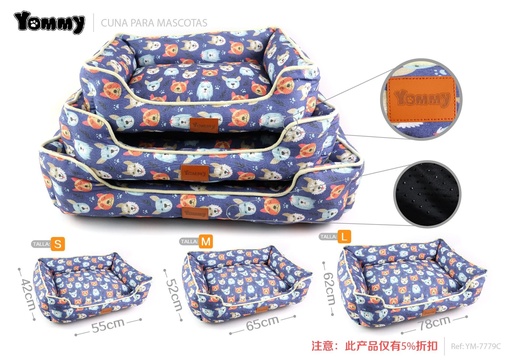 [YM7779C] Cuna de perro en tela de lino estampada con gato, set de 3 piezas en fondo azul - Accesorios para mascotas