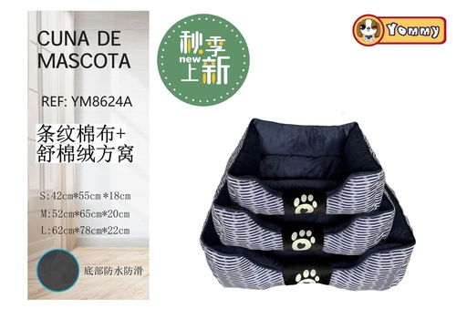 [YM8624A] Cuna de perro de franela y algodón a rayas azul - Productos para mascotas