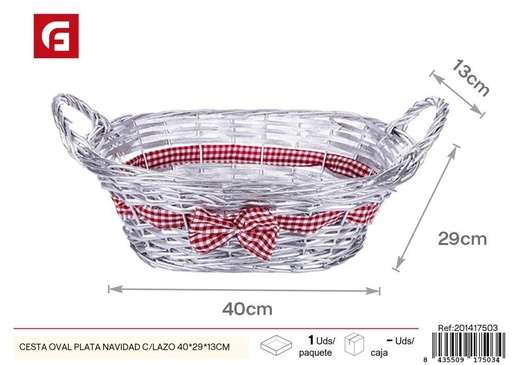 [201417503] Cesta oval plata Navidad con lazo 40 x 29 x 13 cm - Cestas decorativas y Navidad