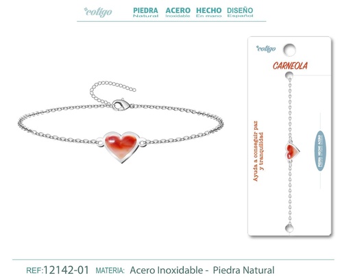 [12142-01] Pulsera corazón con carneola plateada - Joyería de piedras naturales
