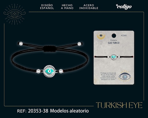 [20353-38] Pulsera de hilo encerado negro con ojo turco plateado - Joyería y protección