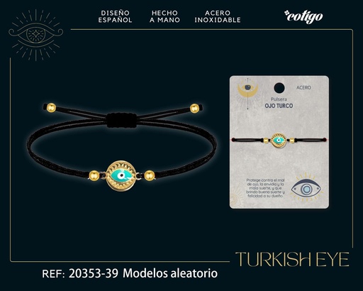 [20353-39] Pulsera de hilo encerado negro con Ojo Turco Dorado - Amuletos de suerte y protección