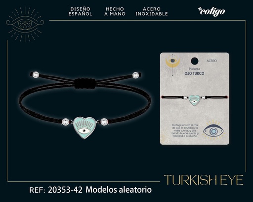 [20353-42] Pulsera de hilo encerado negro con ojo turco plateado - Joyas de suerte y protección